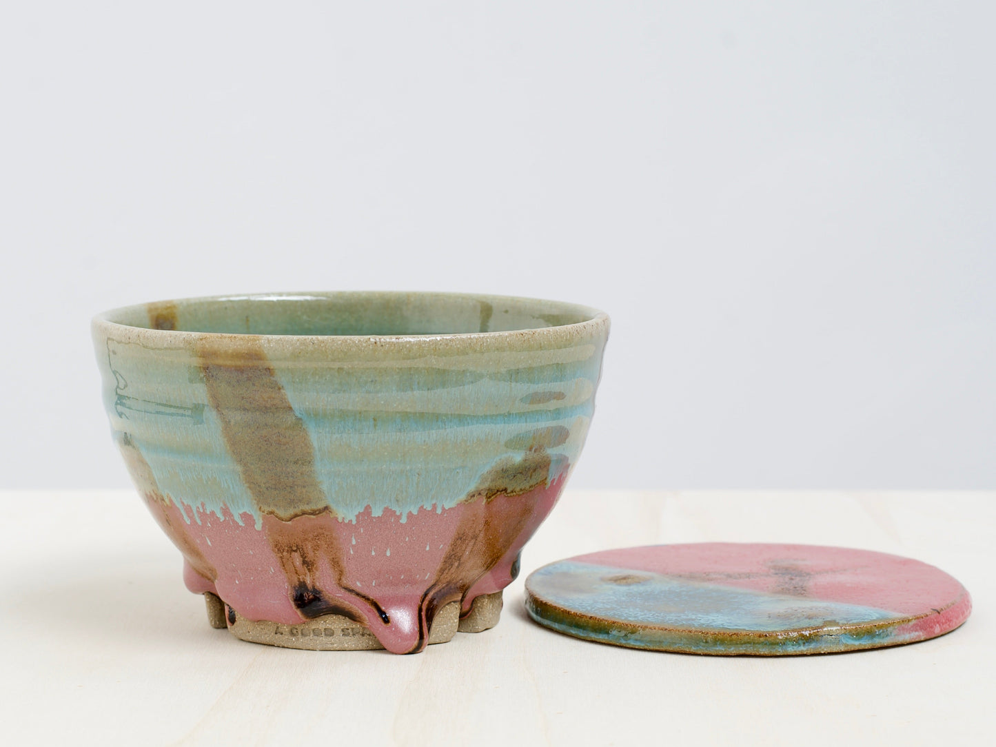 Green & Pink Notched-Foot Bowl + Plate