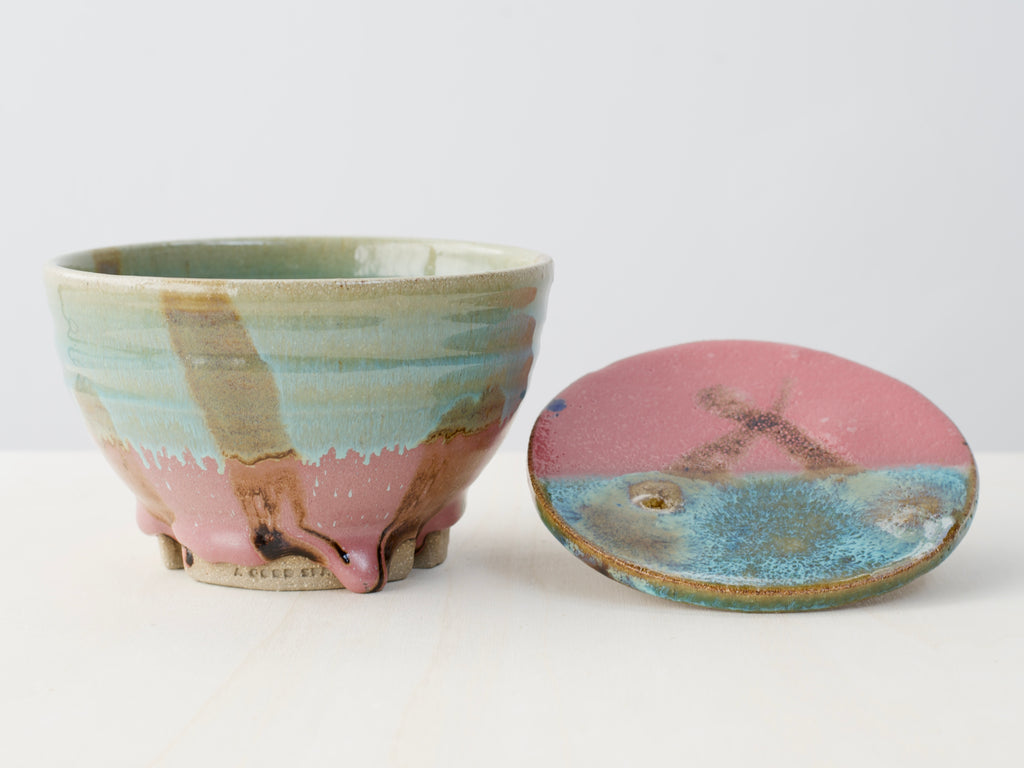 Green & Pink Notched-Foot Bowl + Plate